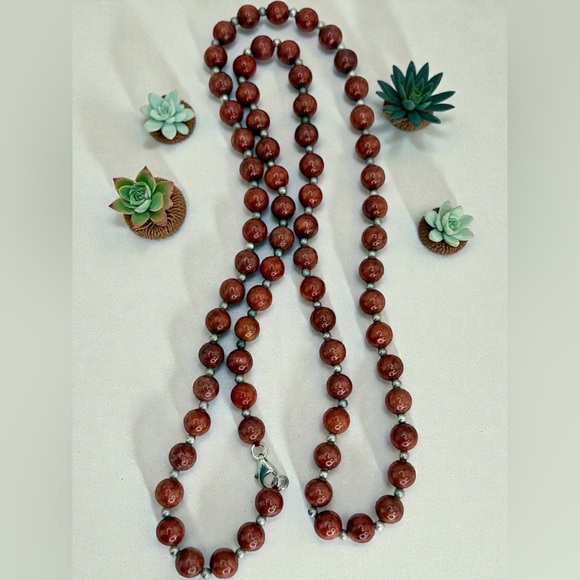 Sterling Silver Red Jasper Beaded Necklace – 30” Natural Gemstone Strand - Picture 14 of 17